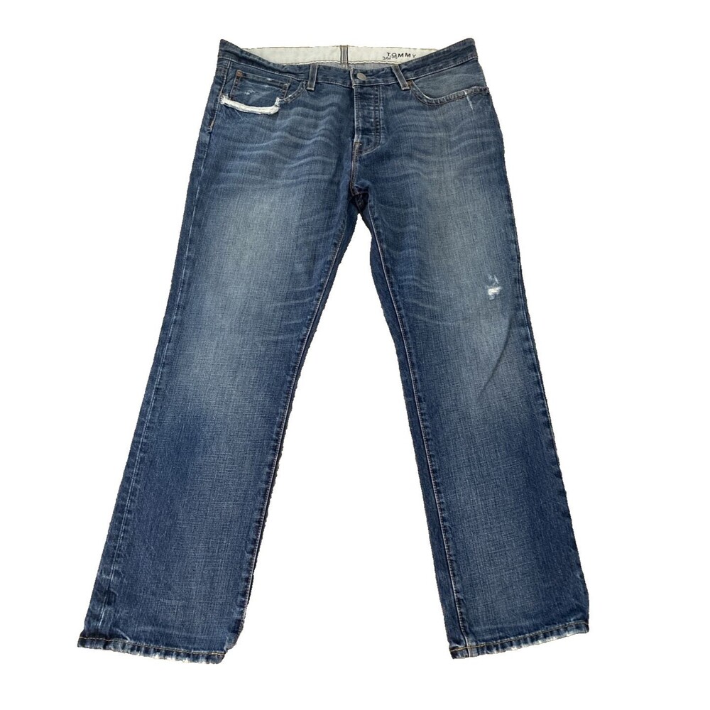 VTG Y2K 90's Tommy Hilfiger Wide Leg Denim Blue Jeans 36x30 Button Fly Distress